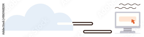 Cloud computing, data transfer, online storage, technology, digital workflow, and remote access. A cloud connects to a computer screen showing a cursor. Cloud computing and data transfer concept