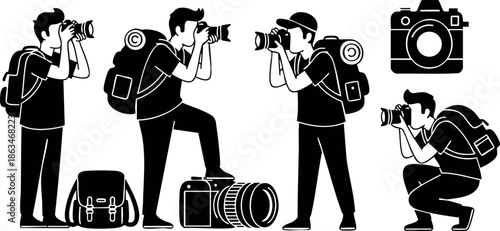 Photographer silhouette set with camera equipment in various poses vector illustration 