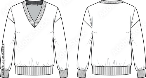 White V-Neck Sweatshirt Technical Flat Sketch Template with Drop Shoulder Long Sleeves Ribbed Cuffs and Hem Front and Back View