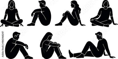 Silhouettes of men and women sitting in various relaxed poses vector illustration 