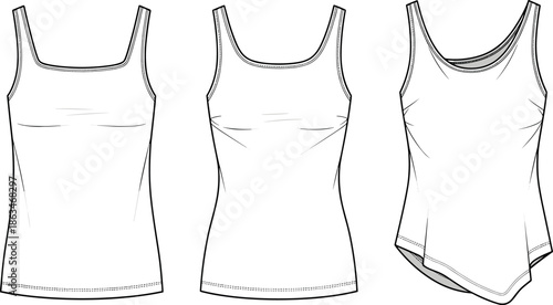 Women tank top vector technical sketch template collection with square neck scoop neck and asymmetrical hem fashion flat drawing set