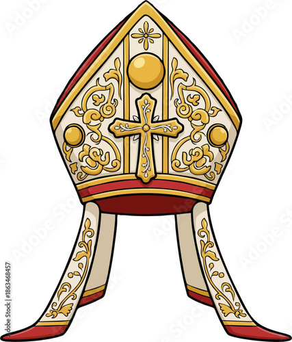 Ornate papal mitre with gold cross and red trim cartoon illustration