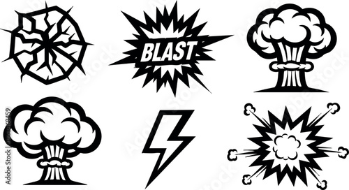 Explosion and blast icons set with atomic mushroom clouds and lightning bolt vector illustration 