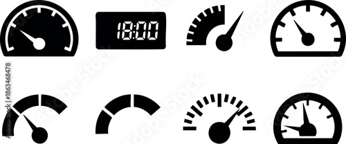 Speedometer icons set with digital and analog gauges in black vector illustration 