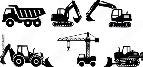 Construction Vehicles and Heavy Machinery Silhouettes Vector Illustration for Industry and Transport Use 