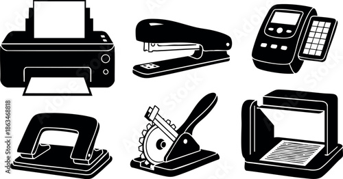 Office equipment icons set with printer stapler calculator hole punch and label maker vector 