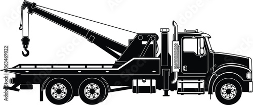 Tow truck silhouette with crane arm, heavy duty vehicle towing service concept, roadside assistance and car recovery, transportation industry equipment, black and white vector illustration