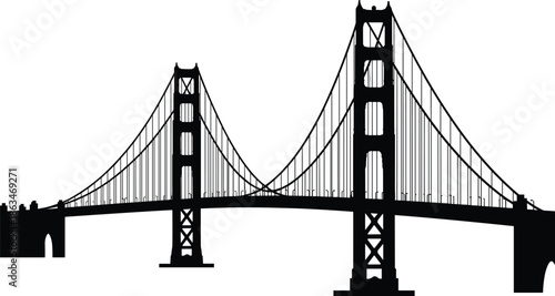 Suspension bridge silhouette landmark illustration, iconic urban infrastructure design, modern architectural structure concept for travel, transportation, engineering themes, black and white vector