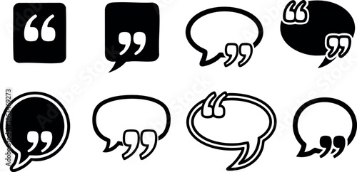 Quotation Marks Icons Set Vector Illustration in Black and White Speech Bubbles 