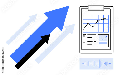 Business strategy, growth tracking, data visualization, performance analysis, financial forecast, decision-making. Upward arrows and a report with charts. Business strategy and growth tracking