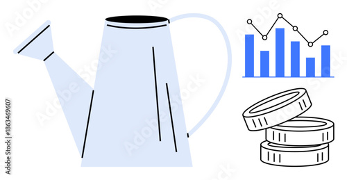 Business growth, financial planning, investment strategy, agriculture, cash flow, economic development. Watering can near coins and bar graph. Business growth and financial planning concepts
