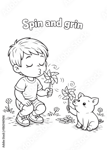 coloring book boy spinning a pinwheel and smiling as a pig joins the fun