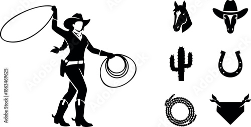 Western cowboy woman silhouette with lasso rope and cowboy icons vector illustration 