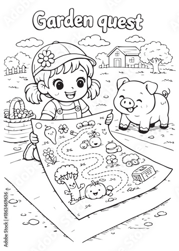 coloring book  girl following a garden quest map with a pig companion