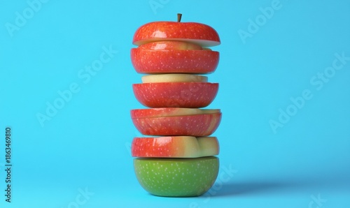 Stacked apple slices on blue background food photography still life