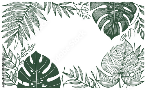 frame with leaves and flowers, Tropical leaves background, monstera palm leaves design in minimal