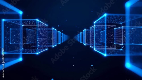 Blue glowing cubes in digital tunnel