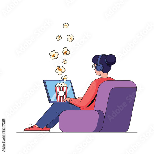 Streaming movies online with popcorn laptop illustration