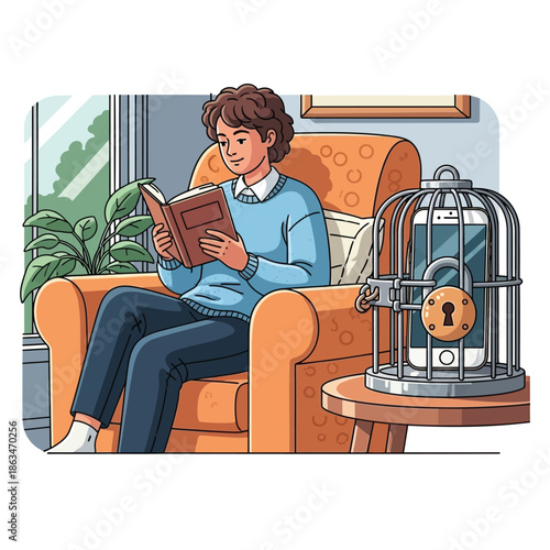 Man reading book with phone in cage, digital detox vector