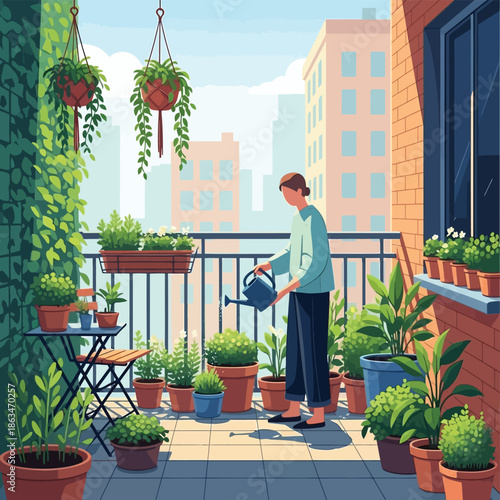 Woman watering plants on city balcony garden, vector illustration