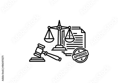 Vector Black and White Line Art Depicting Justice, Law, and Approval Symbols.