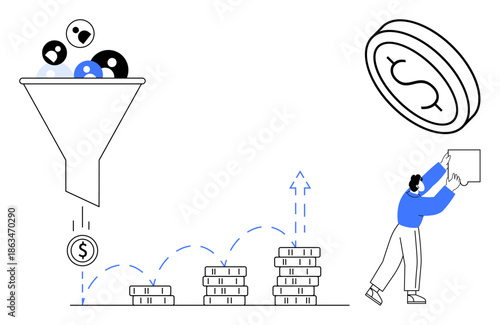 Marketing funnel concept. Marketing driving user engagement and converting leads to revenue. Marketing strategies optimizing conversion for improved ROI. For sales, business growth, digital