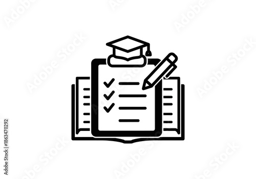 Vector illustration of a house icon, Black and white line art icon featuring a graduation cap, checklist clipboard, pencil, and open book.