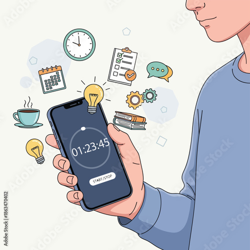 Time management and productivity on smartphone vector illustration