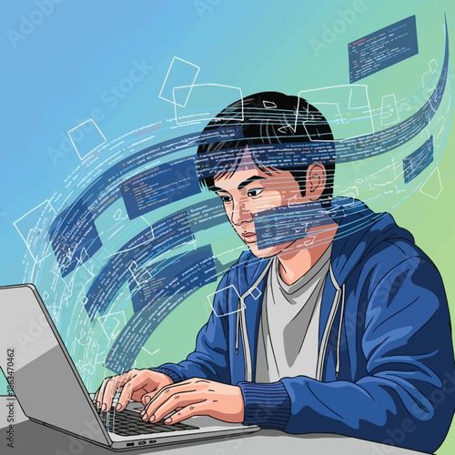 Programmer Writing Code on Laptop with Digital Data Overlays