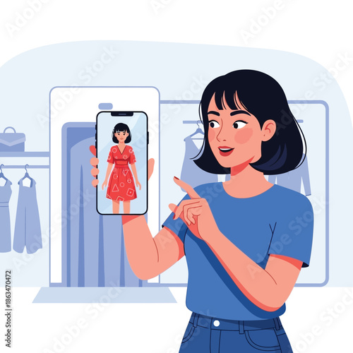 Woman using virtual try on app for clothing and fashion shopping