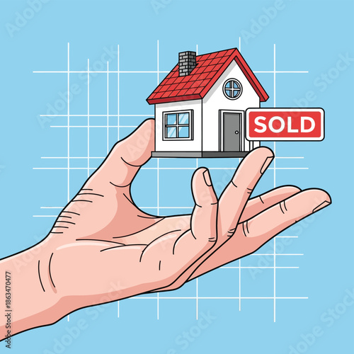 Hand Holding Model House with Sold Sign for Real Estate