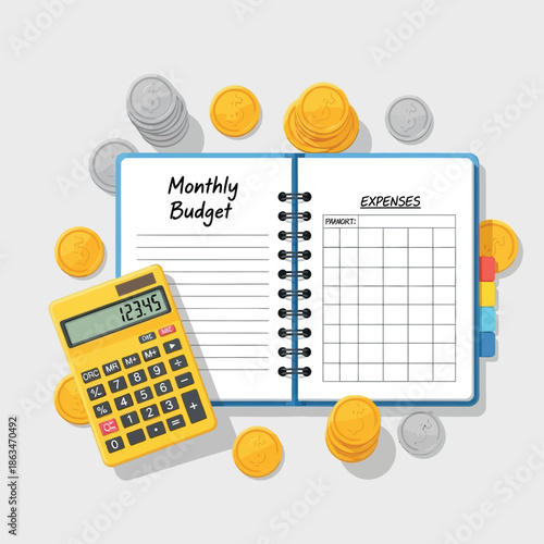 Monthly Budget Planning with Notebook Calculator and Coins