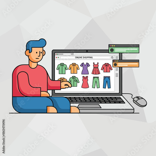 Man shopping for clothes online using a laptop computer at home