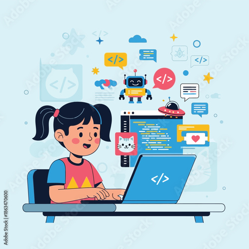 Young girl learning computer coding and programming with robot icon
