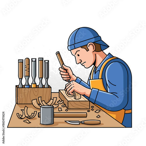 Carpenter carving wood with chisel and mallet at workbench studio