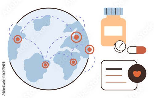 Healthcare, pharmaceutical distribution, global medicine, health access, telemedicine, medical logistics. World map with pills and health card. Healthcare and pharmaceutical distribution concept
