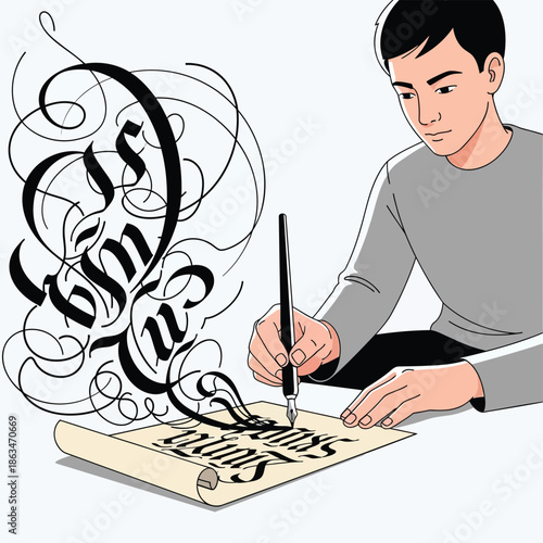 Man practicing traditional calligraphy art on paper scroll vector