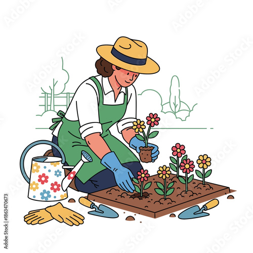 Woman planting colorful flowers in the garden illustration vector