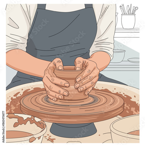 Hands of a potter shaping clay on a pottery wheel illustration