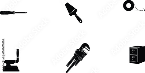 Black and white image of various electronic and tool icons