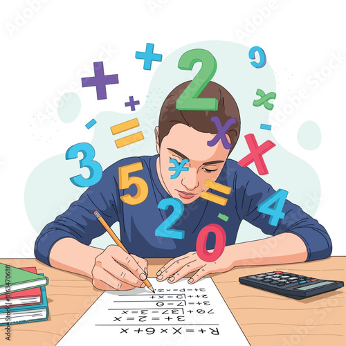 Math student solving algebra problems with floating numbers vector