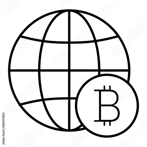 globe and bitcoin line icon with editable stroke