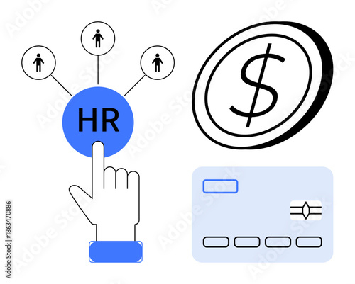 HR management, payroll processing, recruitment systems, employee benefits, financial planning, workforce analytics. Hand pointing to HR symbol with money and card icons. HR management and payroll