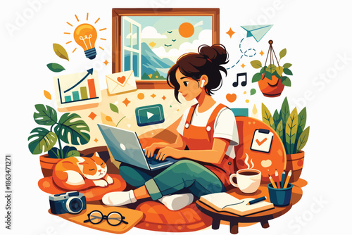 Creative Freelancer Woman Working At Home Illustration
