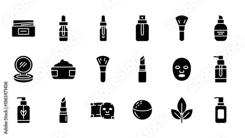 Collection of black skincare, makeup, and beauty product icons on white background
