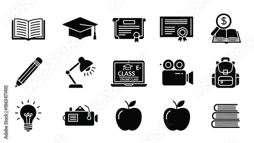 Collection of educational icons including books, graduation cap, diploma, certificate, money, pencil, desk lamp, online class, camera, backpack, light bulb, radio, apples, and stacked books