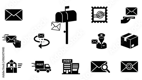 Collection of mail, postal, and delivery icons including envelopes, mailbox, packages, and delivery trucks