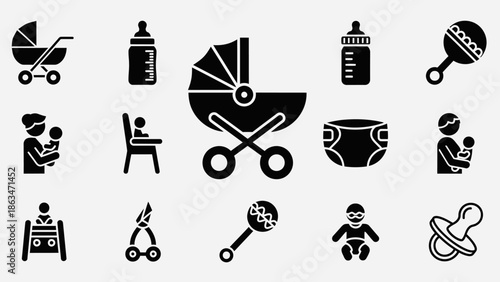 Collection of baby-related icons including strollers, bottles, pacifiers, toys, and caregiving scenes