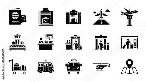 Collection of black and white icons representing various airport and travel-related elements
