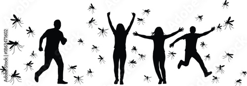 Silhouettes of People Reacting to Mosquito Swarm, Calm Mood, One-Panel Humor and Outdoor Discomfort Vector Illustration Design